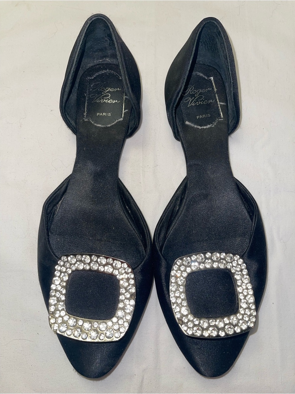 Roger Vivier Black Satin Pointed Toe Flats with Crystal Buckle